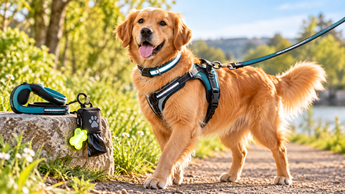 Accessoires de promenade pour chien : harnais, laisse et visibilité
