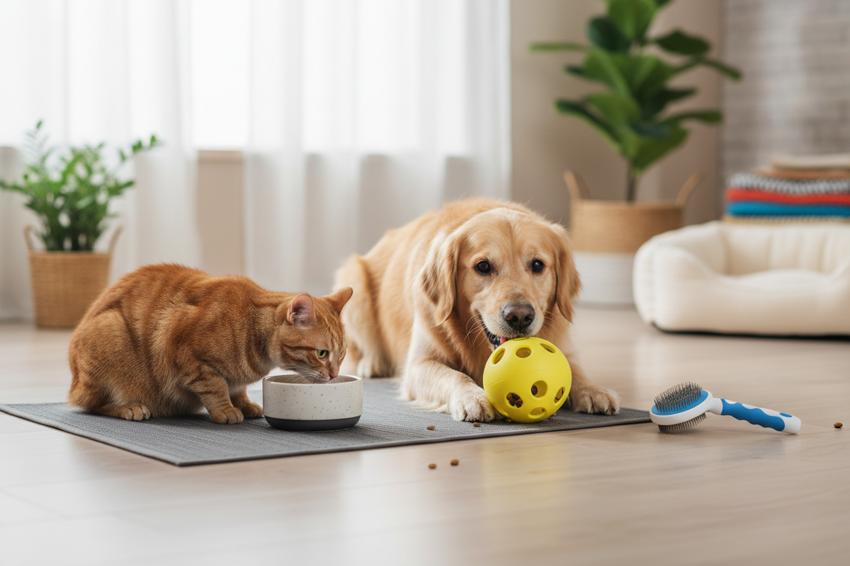 Chien et chat dans un environnement confortable pour leur routine quotidienne