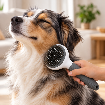 Brosse autonettoyante grise utilisée sur un chien