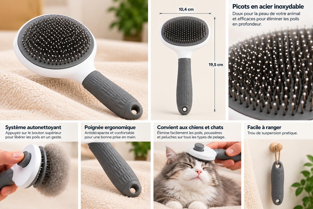 Brosse autonettoyante chien et chat – détails et utilisation