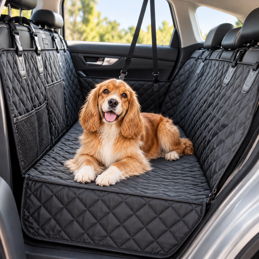 Housse de protection voiture noire pour chien installée sur la banquette arrière
