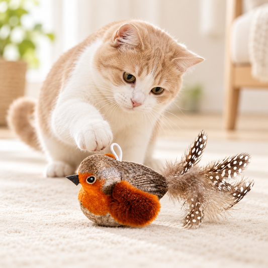 Chat jouant avec le jouet oiseau interactif, sans texte