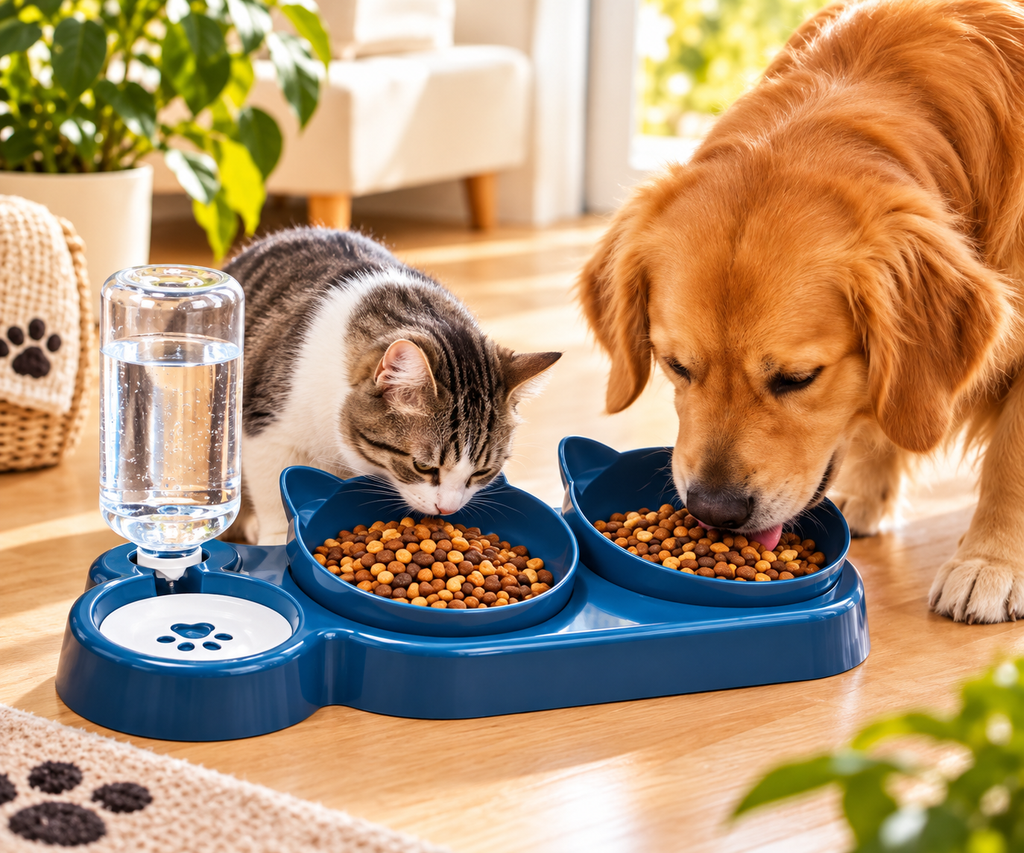 Station repas 3-en-1 bleue pour chien et chat, avec chien et chat
