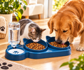 Station repas 3-en-1 bleue pour chien et chat, avec chien et chat