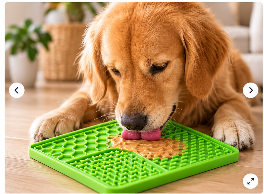 Chien utilisant le tapis de léchage pour chien en silicone
